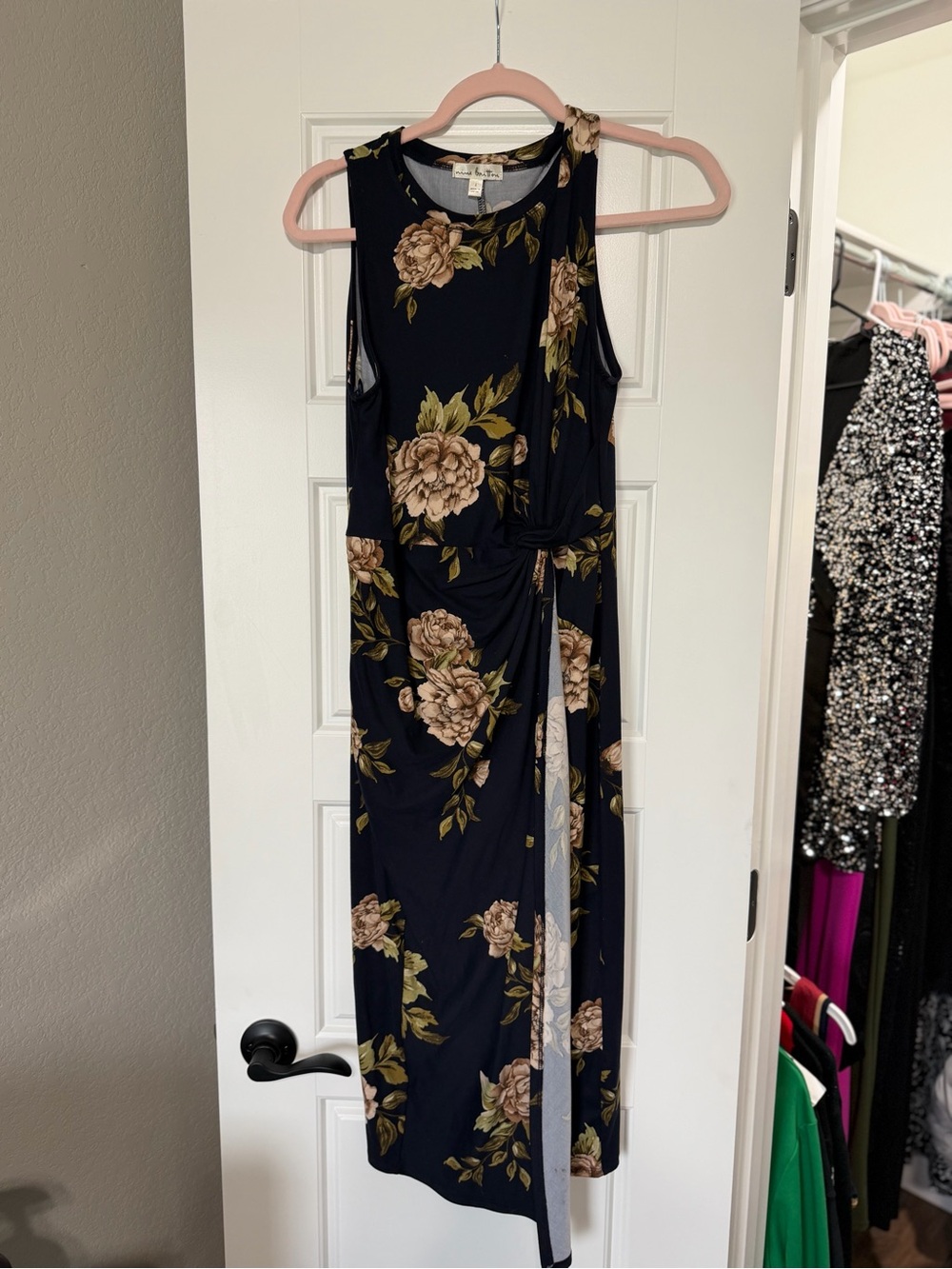 nine britton Navy Floral Sleeveless Midi Dress with Beige Roses